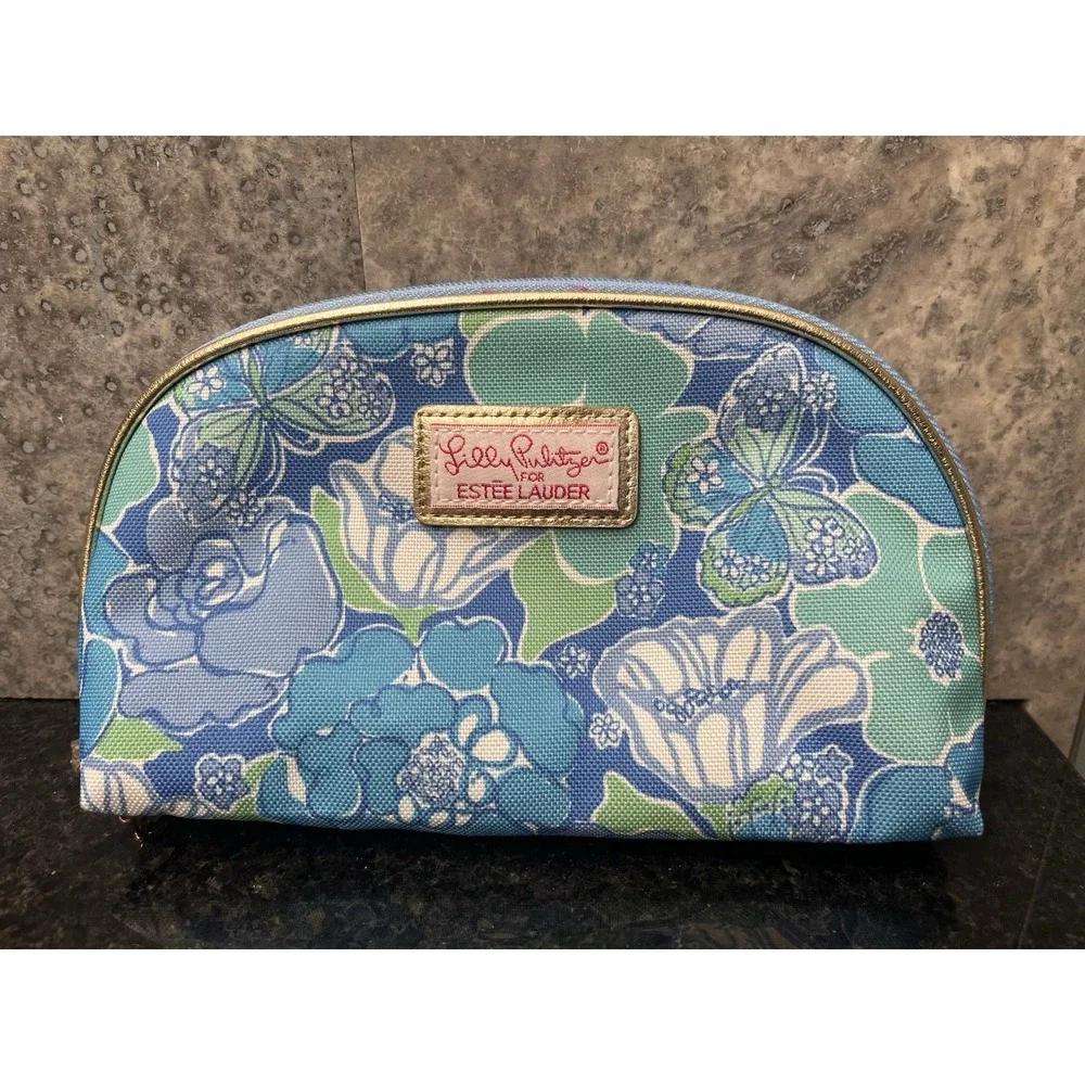 Estee Lauder / Lilly Pulitzer Blue Floral Zippered Cosmetic Makeup Bag‎ - NEW